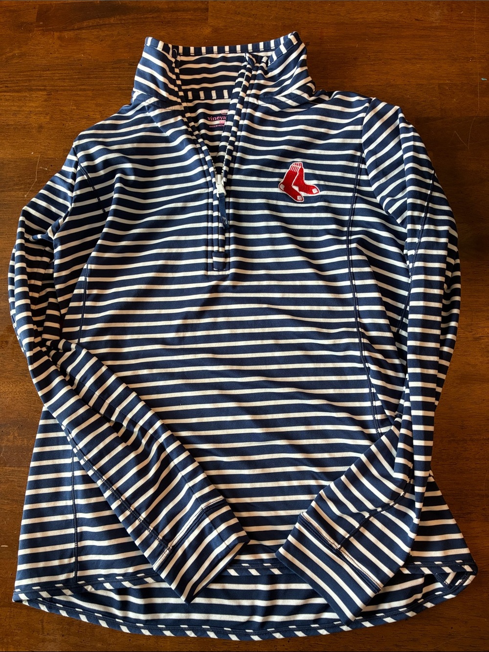 Vineyard Vines women’s  Navy & White Striped Quarter-Zip Pullover with Red Sox’s